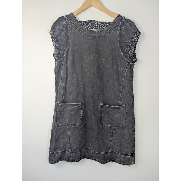 Pilcro Anthropologie Black Ruffle Shoulder Utility Mini Dress with Patch Pockets - Picture 2 of 11